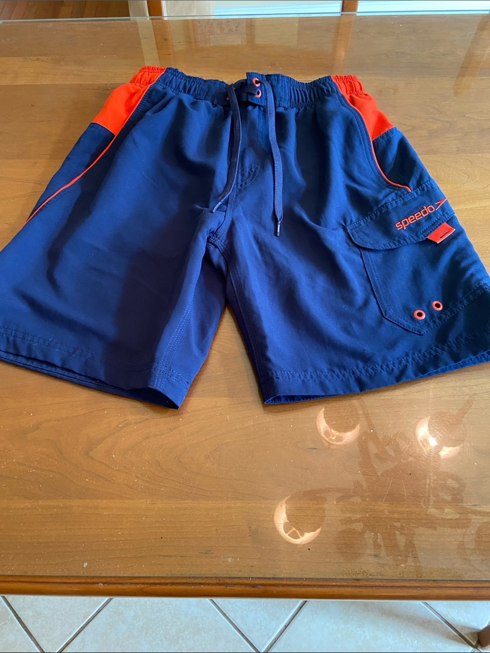 Speedo Men’s Navy & Orange Drawstring Swim Shorts. Size S
